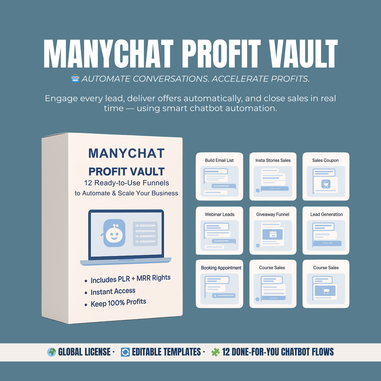 ManyChat Profit Vault – 12 Ready-to-Use Chat Automation Flows to Generate Leads, Sales & Profits (PLR + MRR License)