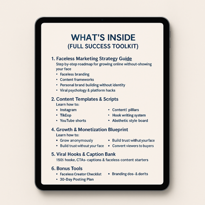 FACELESS MARKETING SUCCESS KIT – MASTER SOCIAL GROWTH WITHOUT SHOWING YOUR FACE (WITH MRR)